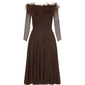 1950s Cardinal Brown Silk Chiffon and Feather Trim Dress