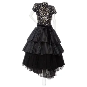 1980s Sequined Black and Gold Tiered Taffeta and Lace Dress