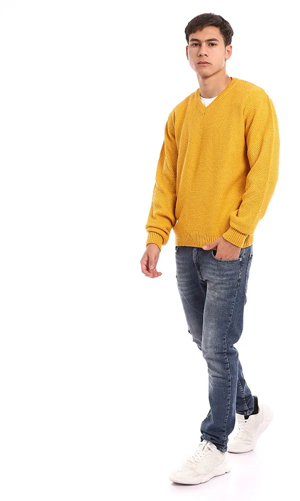 93569 Knitted V-Neck Slip On Acrylic Pullover - Mustard