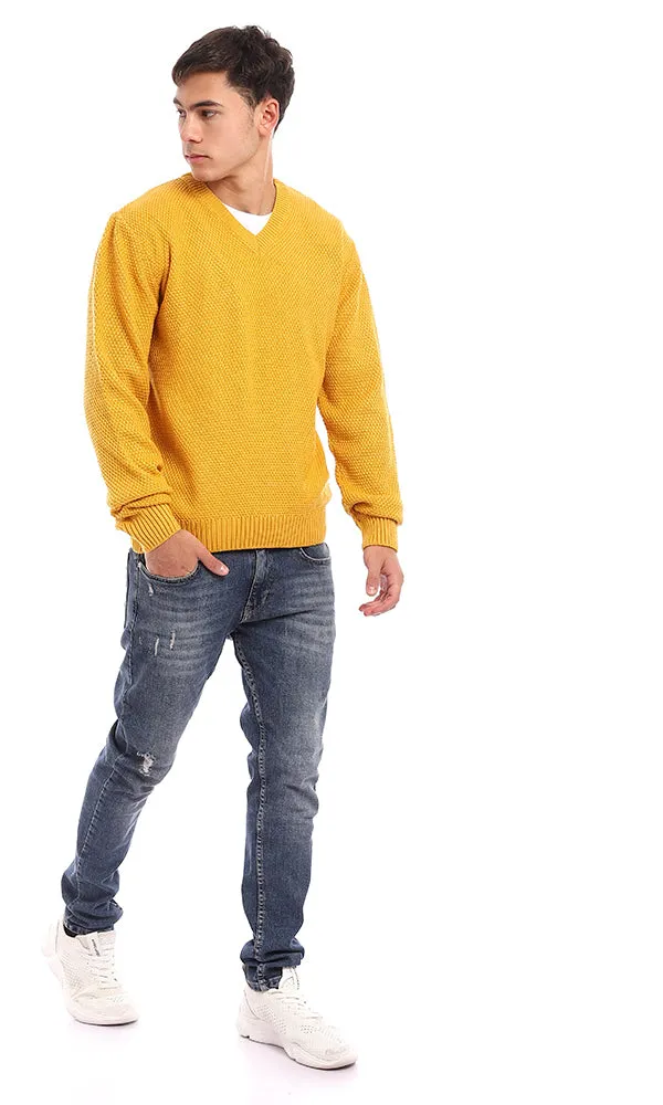 93569 Knitted V-Neck Slip On Acrylic Pullover - Mustard