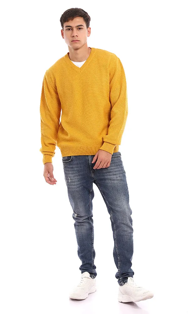 93569 Knitted V-Neck Slip On Acrylic Pullover - Mustard