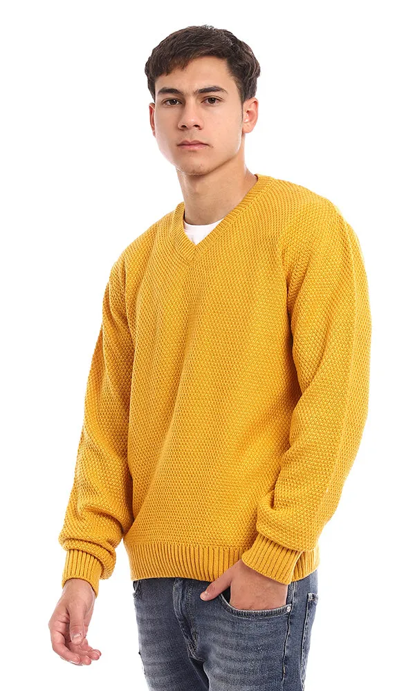 93569 Knitted V-Neck Slip On Acrylic Pullover - Mustard