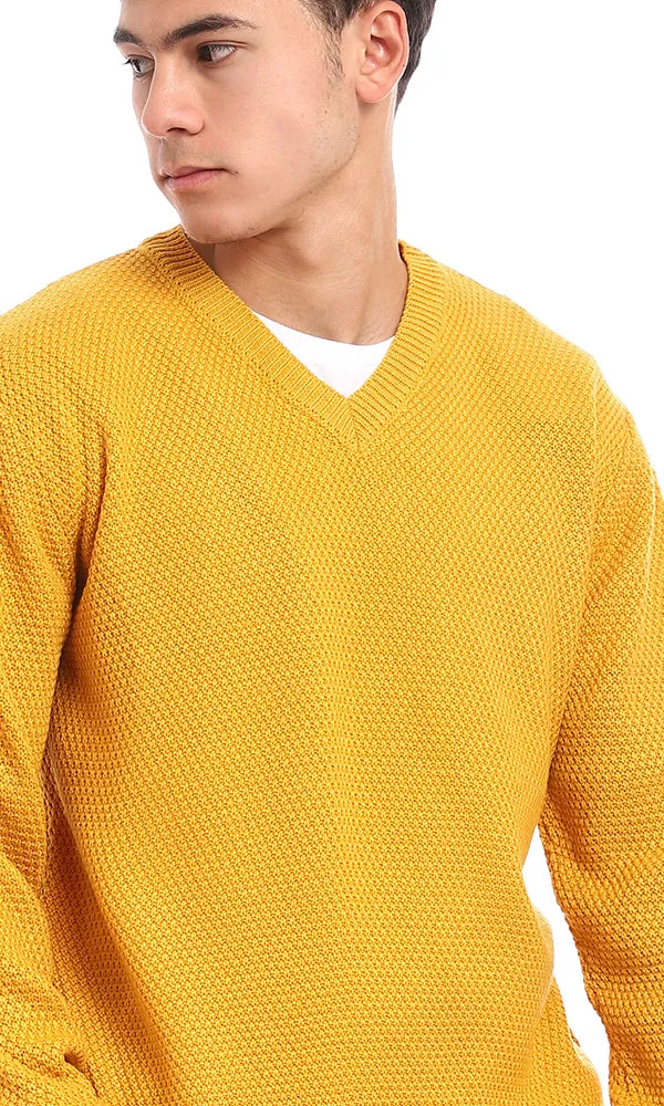 93569 Knitted V-Neck Slip On Acrylic Pullover - Mustard