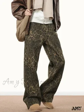 Amy Fashion - Wide Leg Leopard Print Women 2024 Y2K High Waisted Fashion Streetwear Retro Denim Baggy Casual Straight Jean