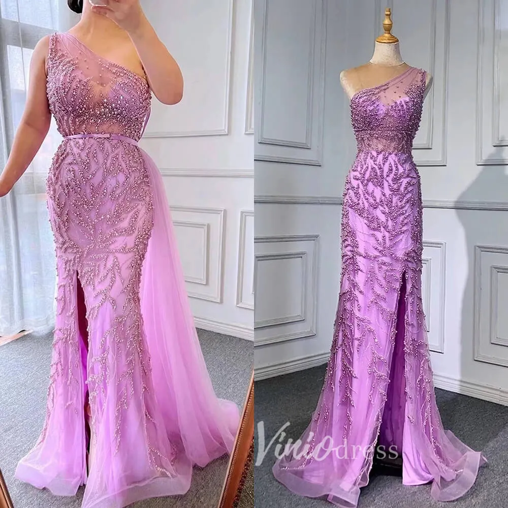 Beaded One Shoulder Prom Dresses with Slit Sheath Evening Gowns 20016