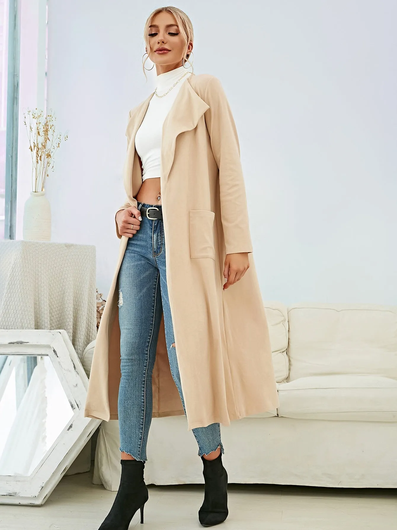 Casual Plain Pocket Long Sleeve Waterfall Long Women Coat