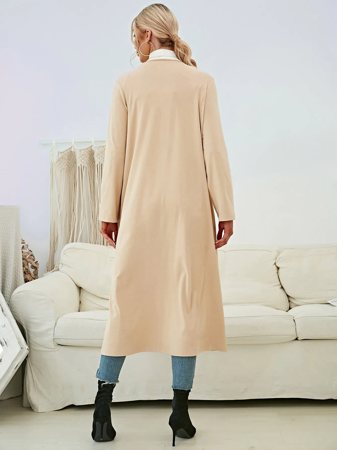 Casual Plain Pocket Long Sleeve Waterfall Long Women Coat