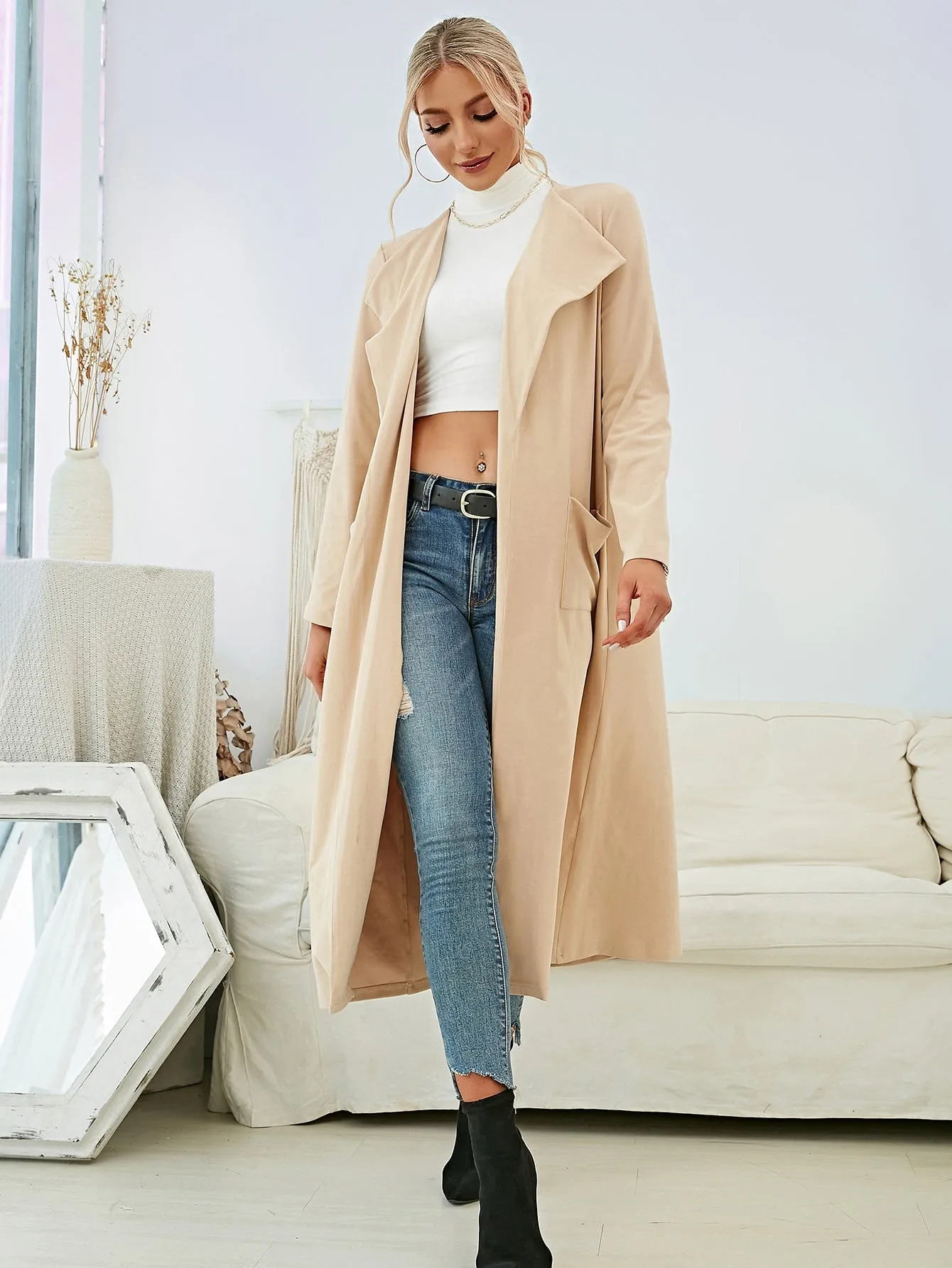 Casual Plain Pocket Long Sleeve Waterfall Long Women Coat