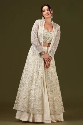 Long Cream Stone Overcoat Styled Crop Top Lehenga with Mirror and Embroidery Work