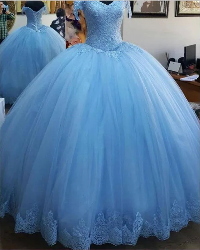 Elegant lace appliques tulle ball gowns quinceanera dresses