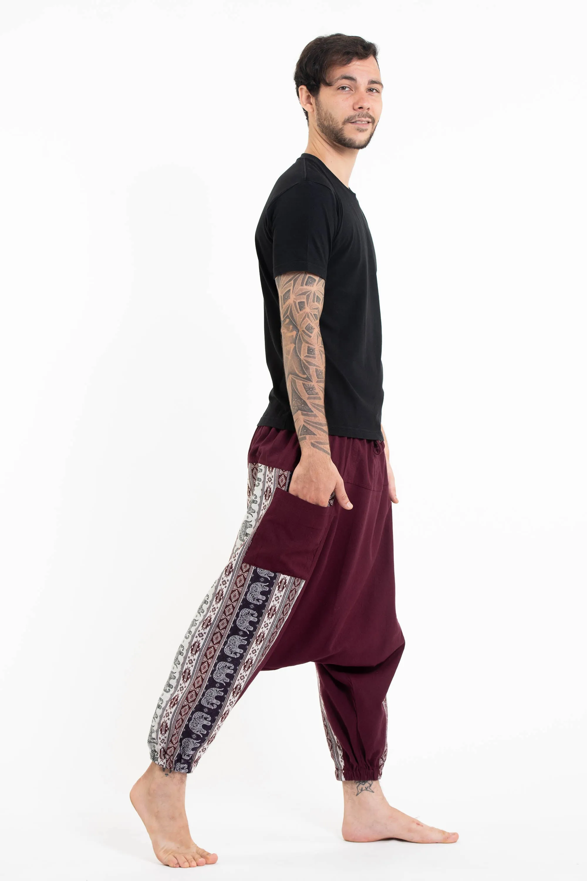 Elephant Aztec Cotton Men's Harem Pants in Burgandy