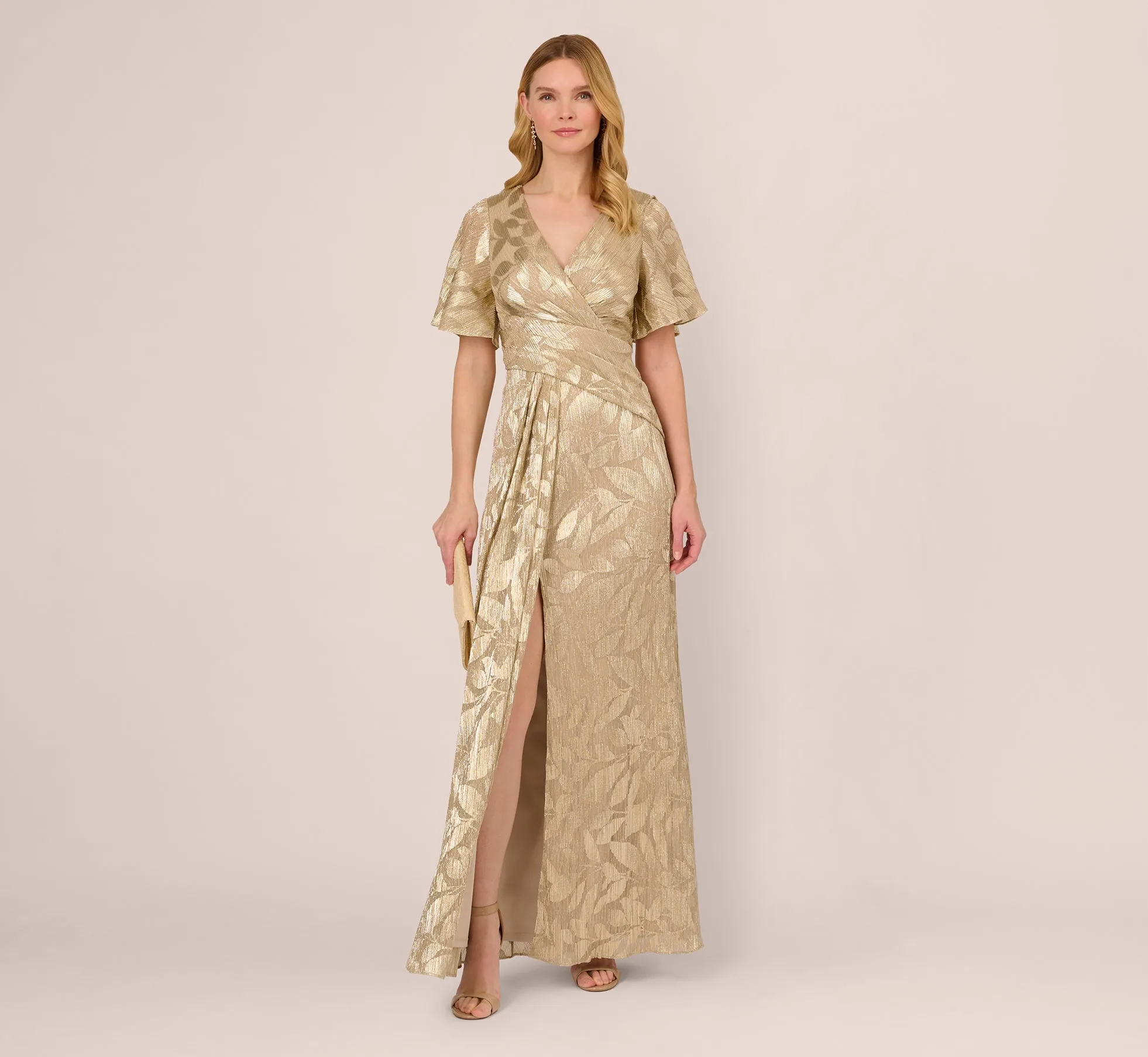 Foil Leaf Short Sleeve Gown With Draped Details In Champagne Gold