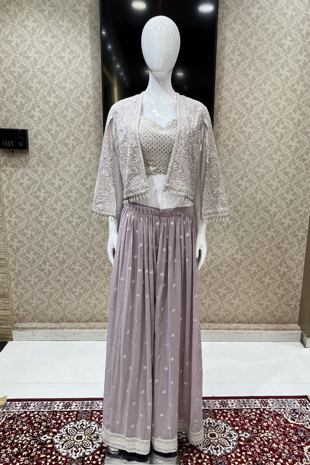 Lilac Chickankari and Sequins work Crop Top with Overcoat Styled Palazzo Suit Set