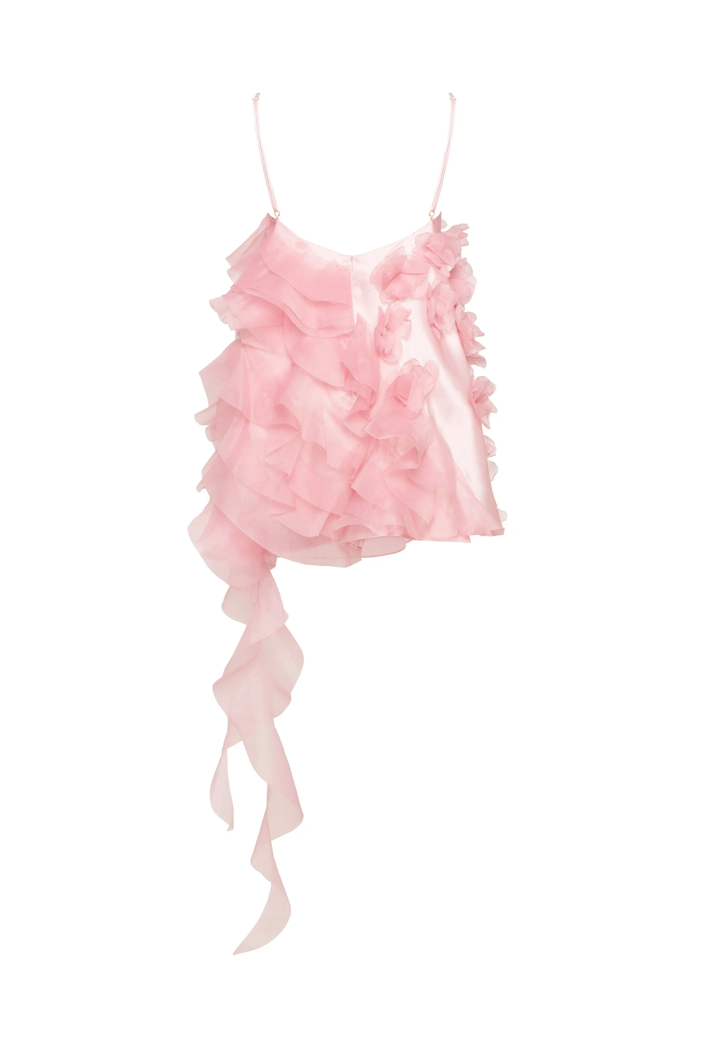 Romantic ruffled pink mini dress with rose appliques, Garden of Eden