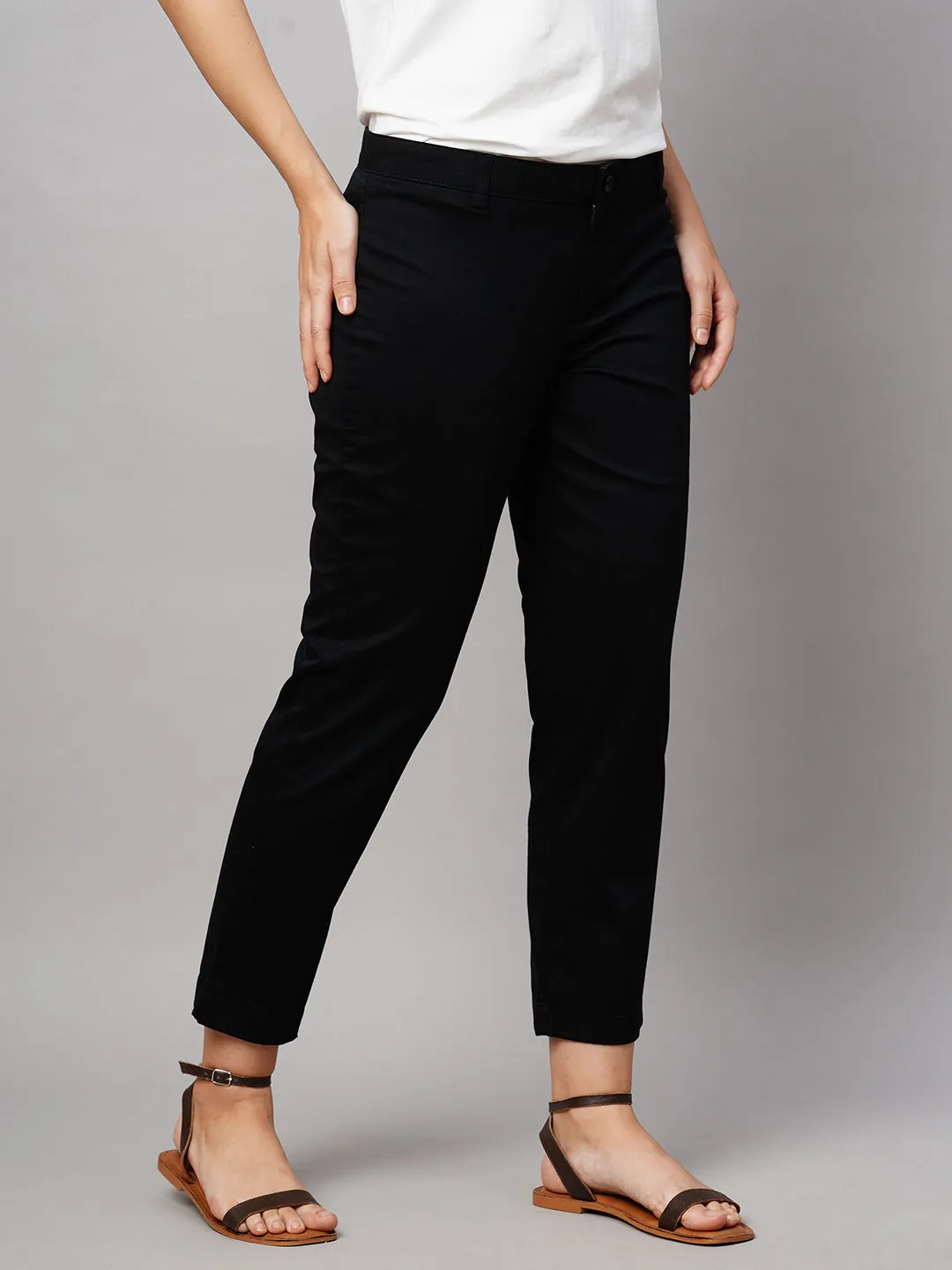 Women's Black Cotton Lycra Regular Fit Pant